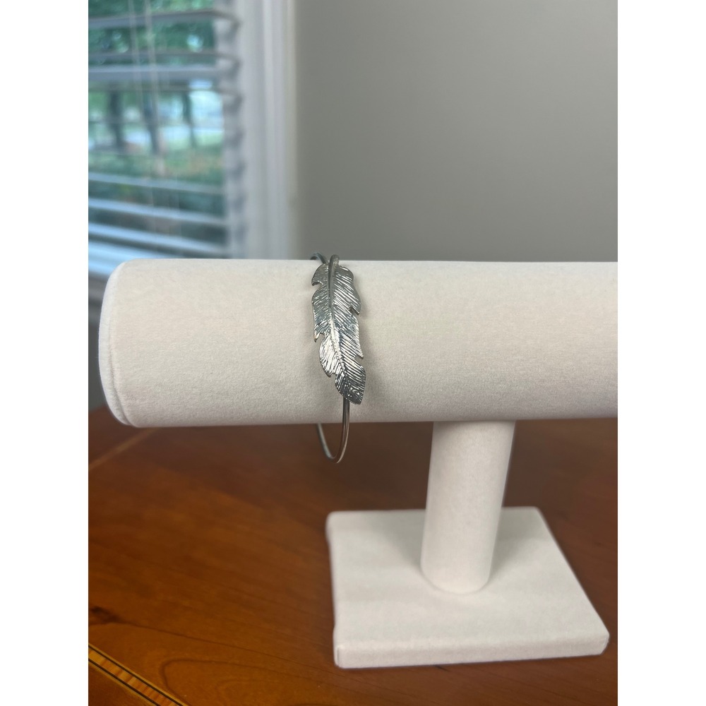 Silver Tone Feather Bangle Bracelet Textured Nature Inspired Boho Jewelry